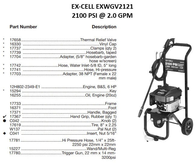 EXCELL EXWGV2121 power washer repair kits & manuals